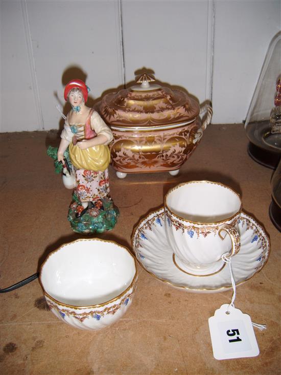 Derby porcelain- a figure of a milk maid, a sucrier and cover and a trio